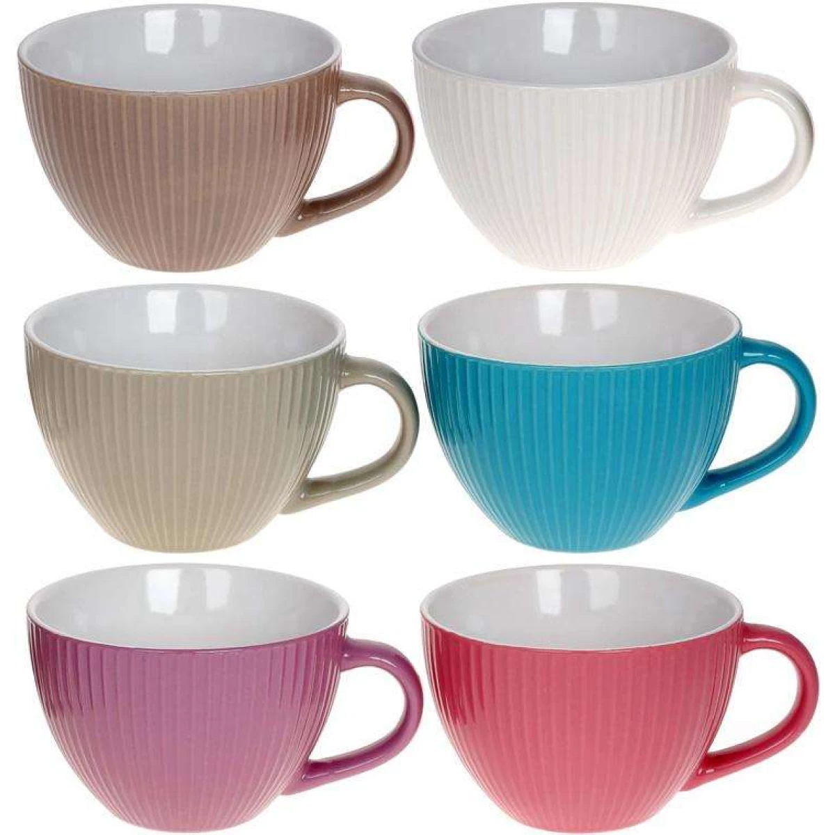 Speckled cream stoneware cups, bowls and plates arranged on a table