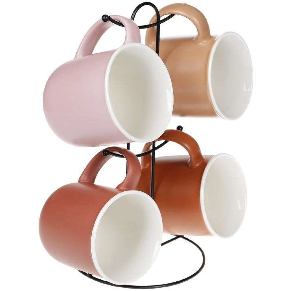 Four glossy red mugs with gold rims on a bamboo stand